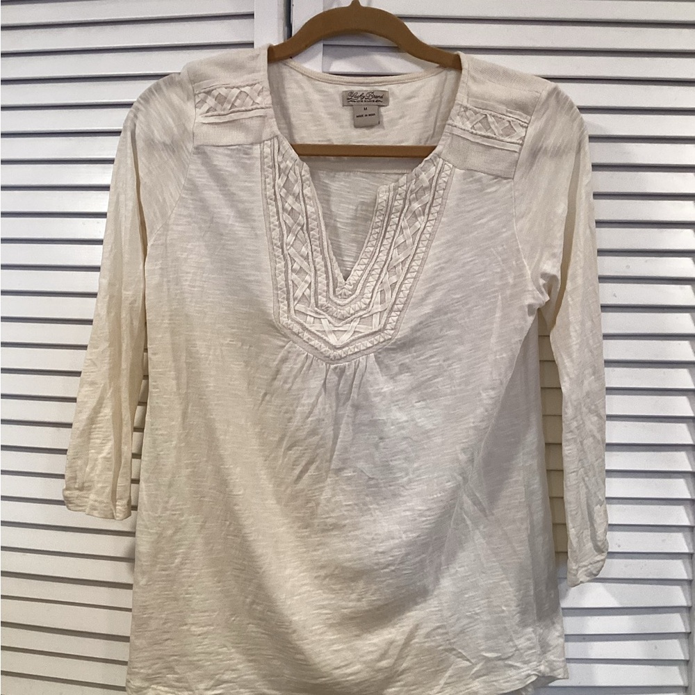 Lucky Brand Cream Embroidered V-Neck Peasant Blouse